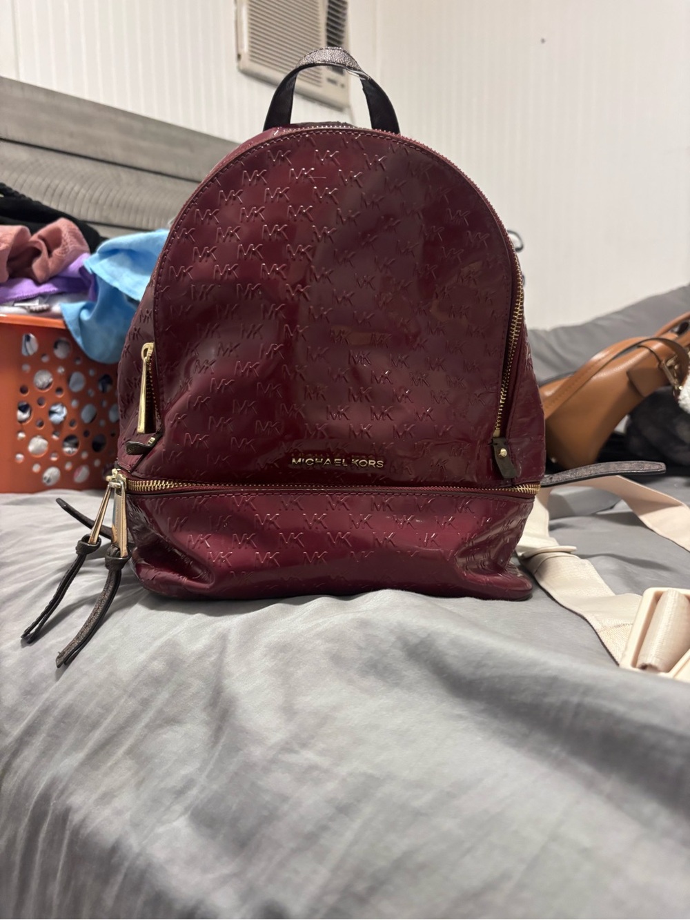 Michael Kors Patent Burgundy Mini Backpack with Gold Hardware